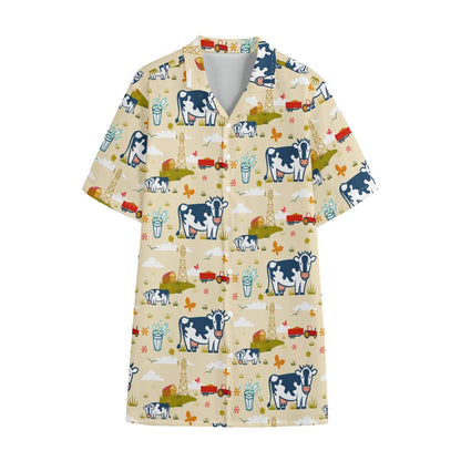 Cartoon Dairy Cow Farm Pattern Print Cotton Hawaiian Shirt