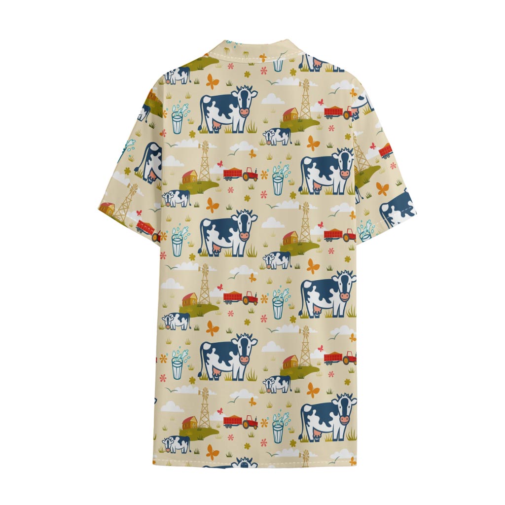 Cartoon Dairy Cow Farm Pattern Print Cotton Hawaiian Shirt