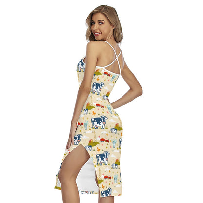 Cartoon Dairy Cow Farm Pattern Print Cross Back Cami Dress