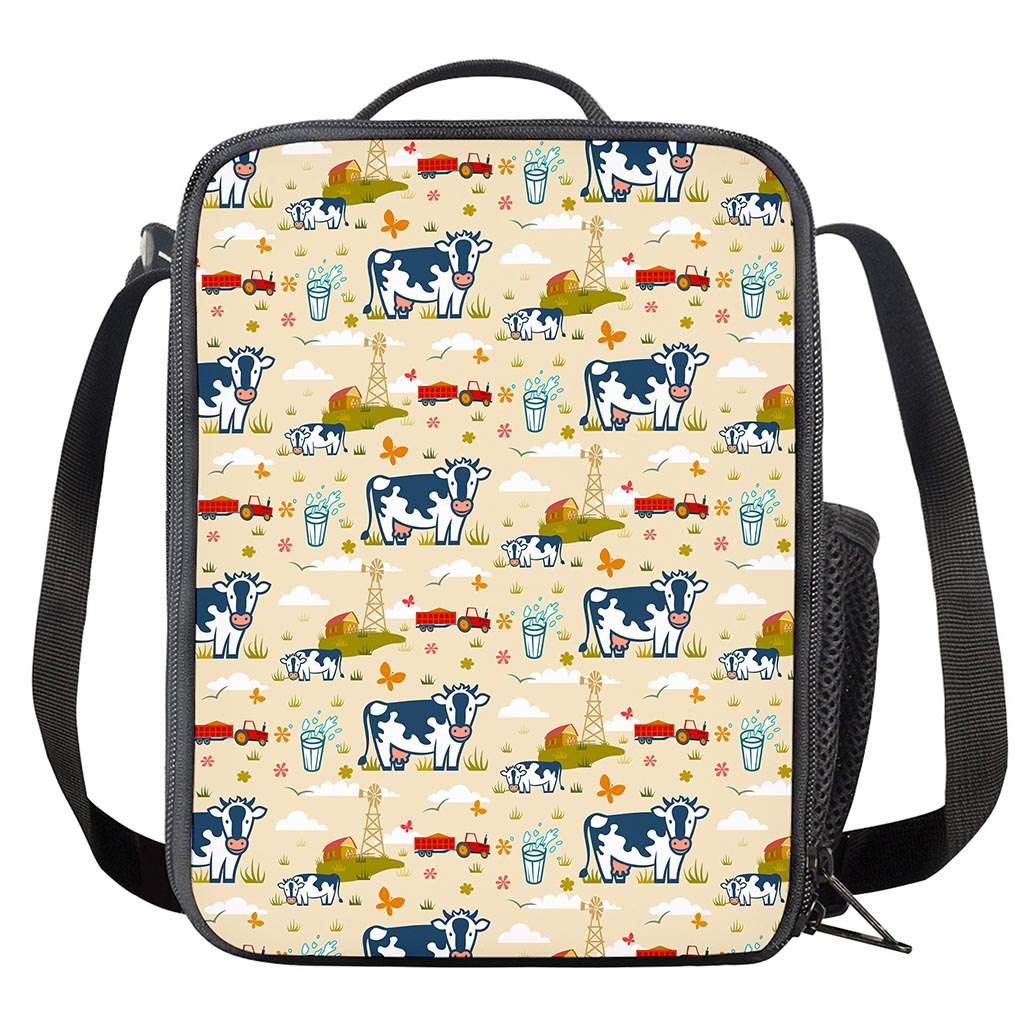 Cartoon Dairy Cow Farm Pattern Print Crossbody Lunch Bag