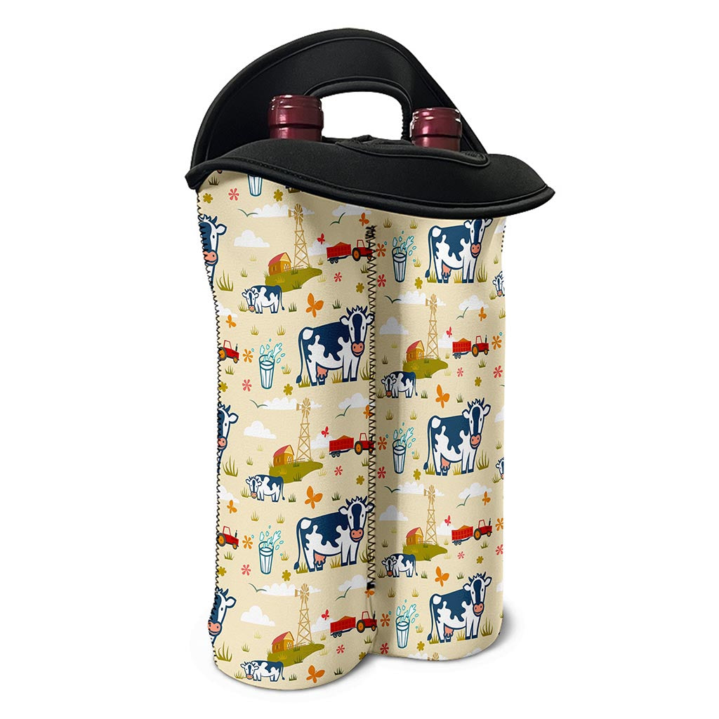 Cartoon Dairy Cow Farm Pattern Print Double Neoprene Wine Tote