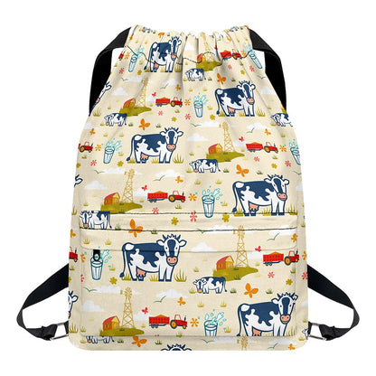 Cartoon Dairy Cow Farm Pattern Print Drawstring Backpack