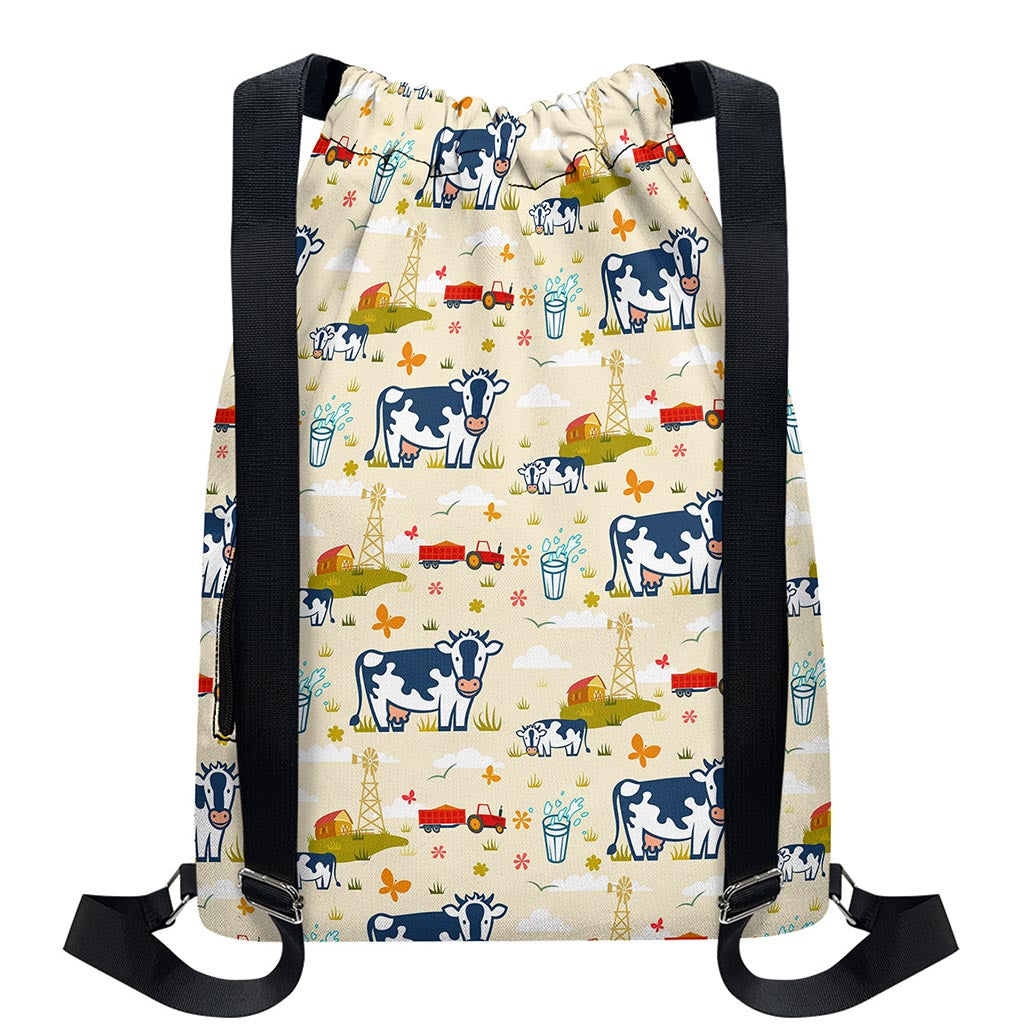 Cartoon Dairy Cow Farm Pattern Print Drawstring Backpack