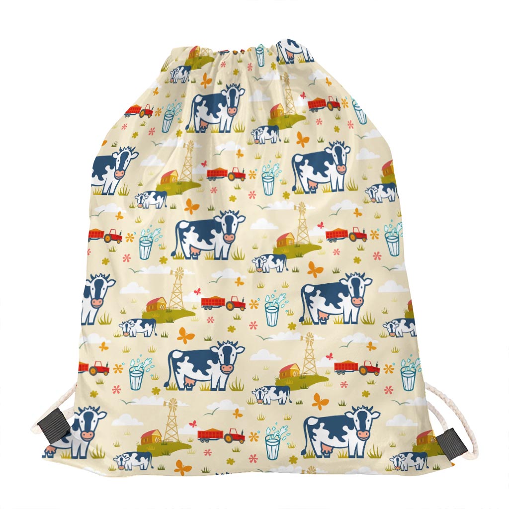 Cartoon Dairy Cow Farm Pattern Print Drawstring Bag