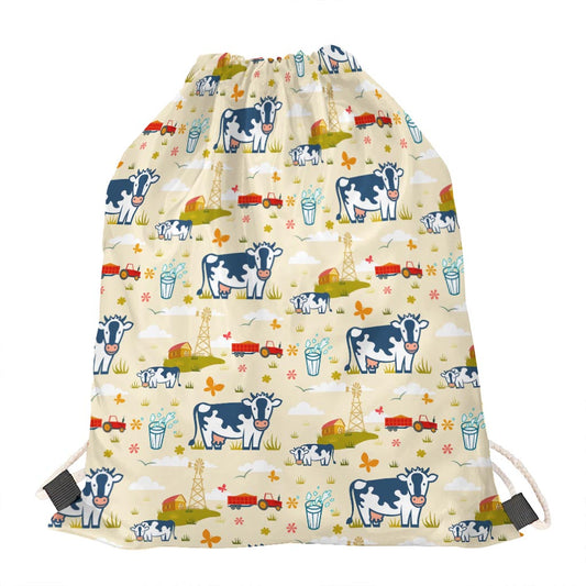 Cartoon Dairy Cow Farm Pattern Print Drawstring Bag