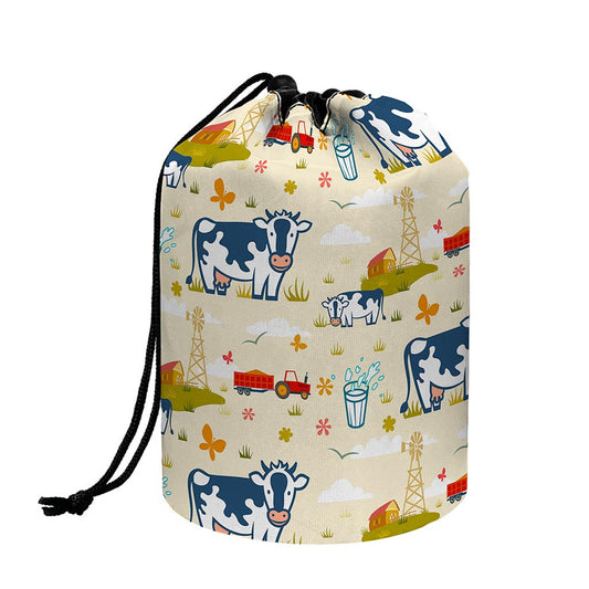 Cartoon Dairy Cow Farm Pattern Print Drawstring Makeup Bag
