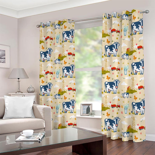 Cartoon Dairy Cow Farm Pattern Print Extra Wide Grommet Curtains