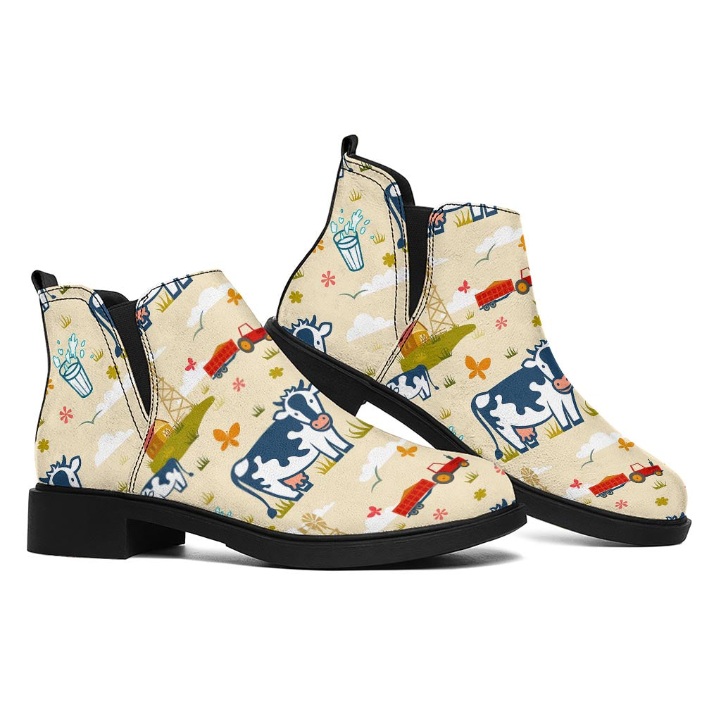Cartoon Dairy Cow Farm Pattern Print Flat Ankle Boots