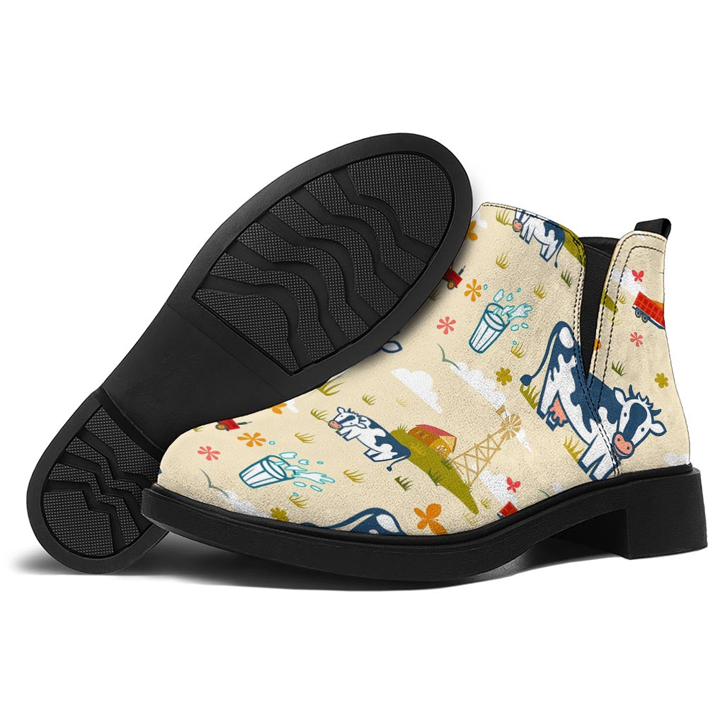 Cartoon Dairy Cow Farm Pattern Print Flat Ankle Boots