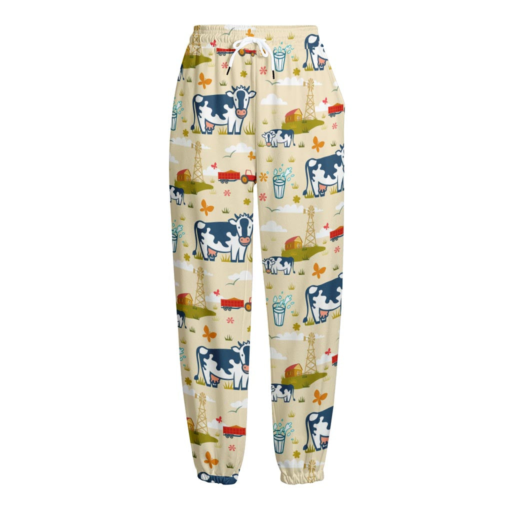Cartoon Dairy Cow Farm Pattern Print Fleece Lined Knit Pants
