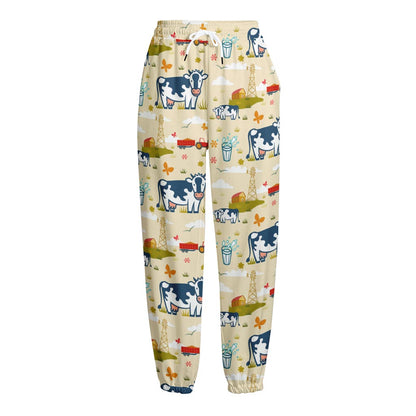 Cartoon Dairy Cow Farm Pattern Print Fleece Lined Knit Pants