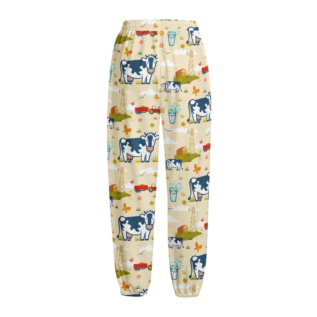 Cartoon Dairy Cow Farm Pattern Print Fleece Lined Knit Pants