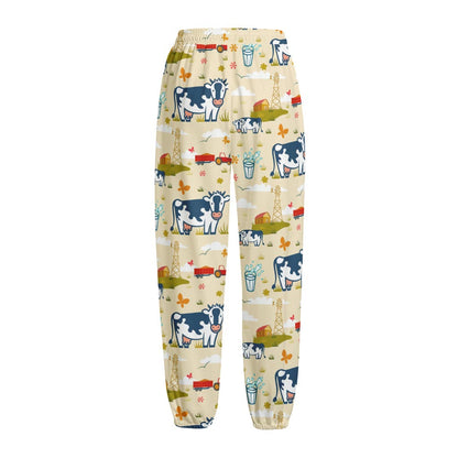 Cartoon Dairy Cow Farm Pattern Print Fleece Lined Knit Pants