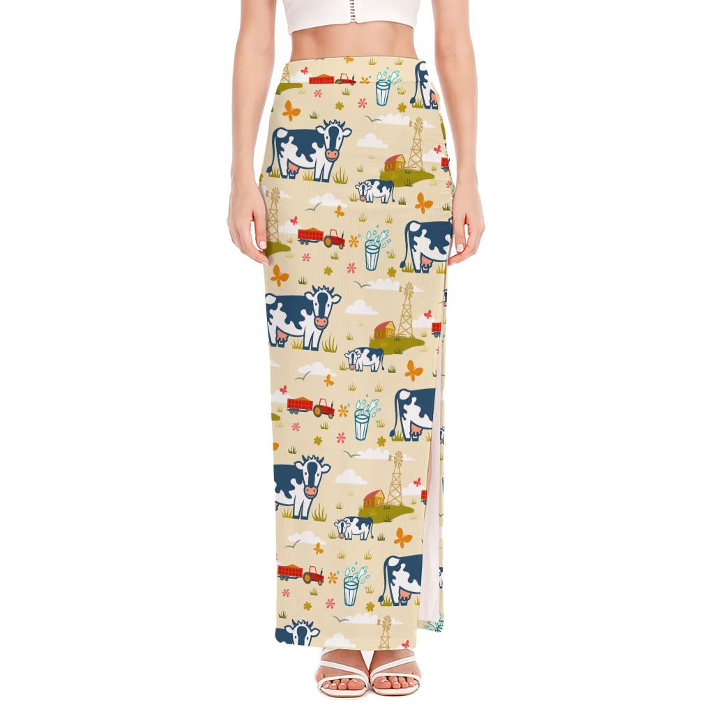 Cartoon Dairy Cow Farm Pattern Print High Slit Maxi Skirt