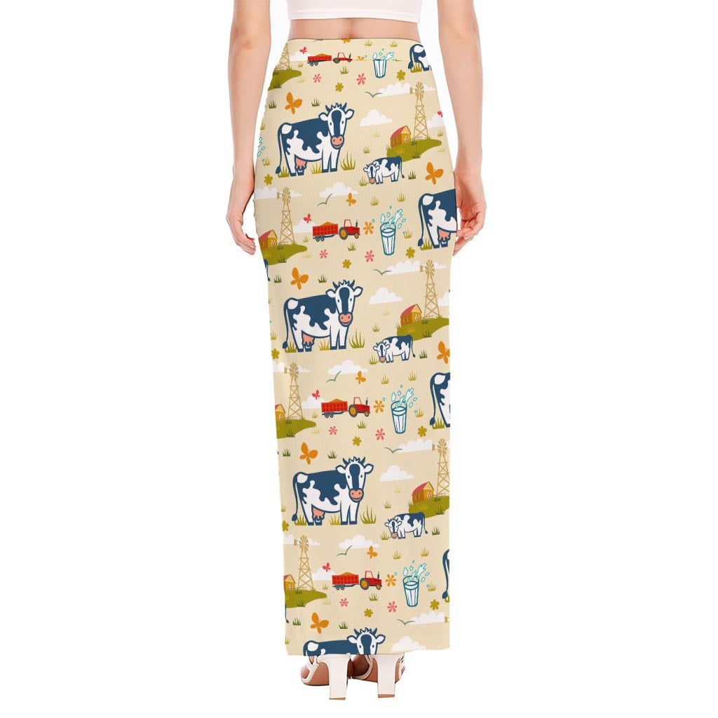 Cartoon Dairy Cow Farm Pattern Print High Slit Maxi Skirt