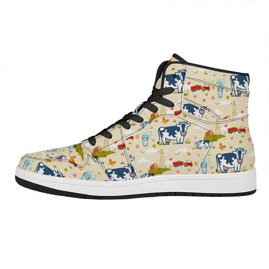 Cartoon Dairy Cow Farm Pattern Print High Top Leather Sneakers