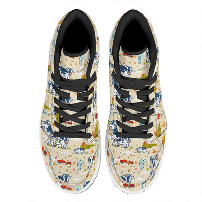 Cartoon Dairy Cow Farm Pattern Print High Top Leather Sneakers