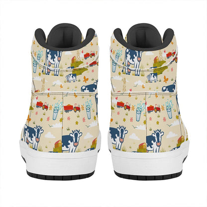 Cartoon Dairy Cow Farm Pattern Print High Top Leather Sneakers