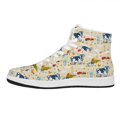 Cartoon Dairy Cow Farm Pattern Print High Top Leather Sneakers