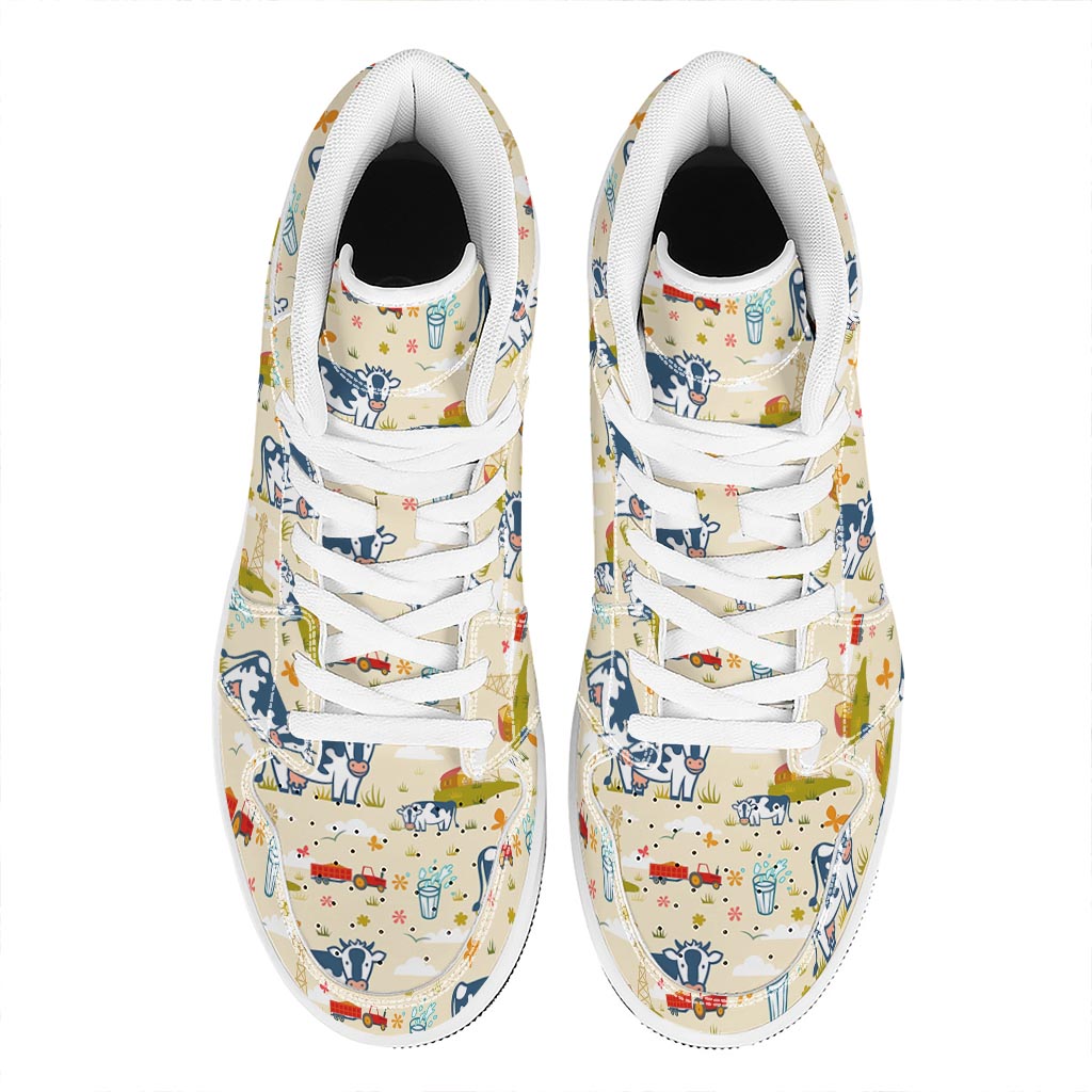 Cartoon Dairy Cow Farm Pattern Print High Top Leather Sneakers