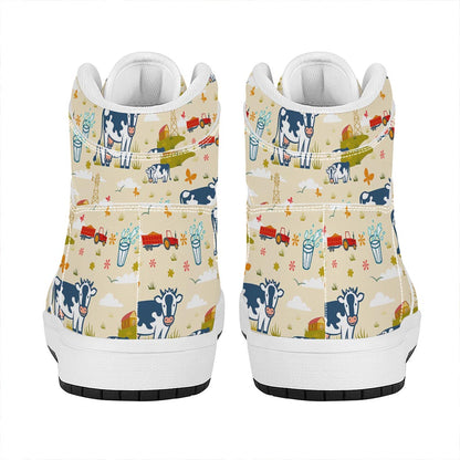 Cartoon Dairy Cow Farm Pattern Print High Top Leather Sneakers