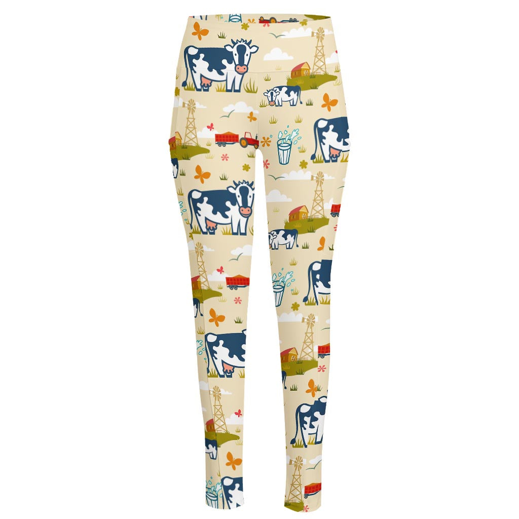Cartoon Dairy Cow Farm Pattern Print High-Waisted Pocket Leggings