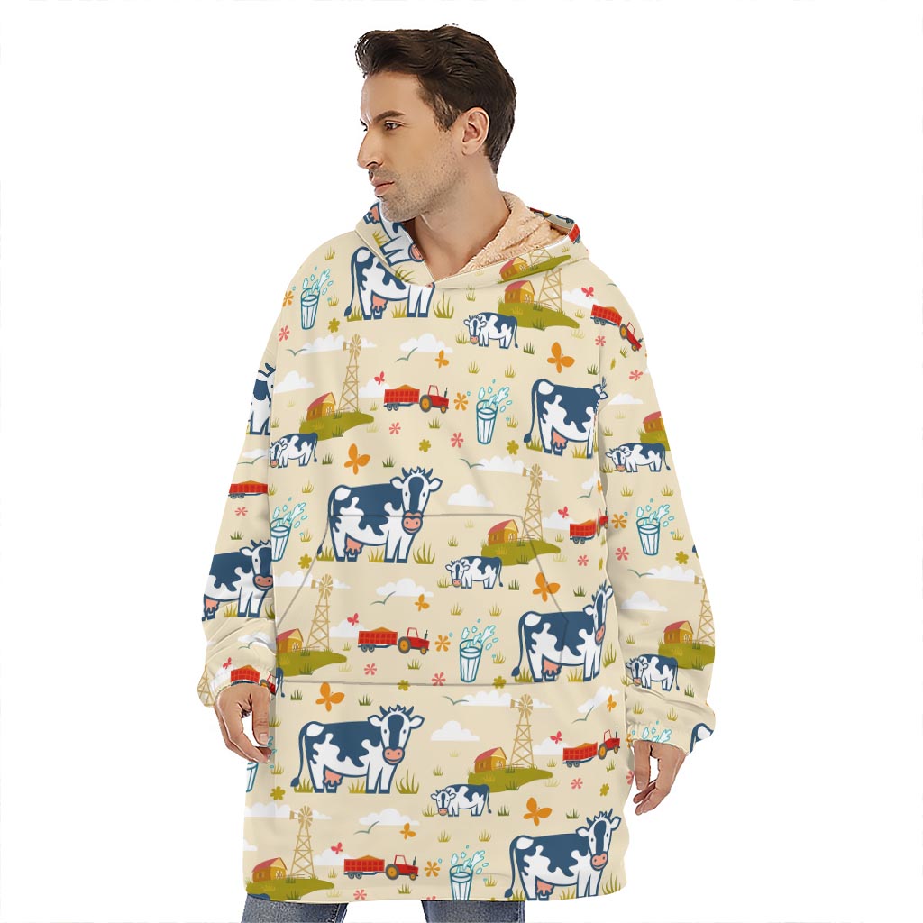 Cartoon Dairy Cow Farm Pattern Print Hoodie Blanket