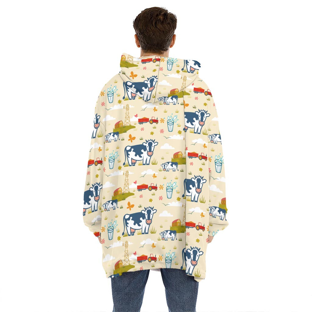 Cartoon Dairy Cow Farm Pattern Print Hoodie Blanket