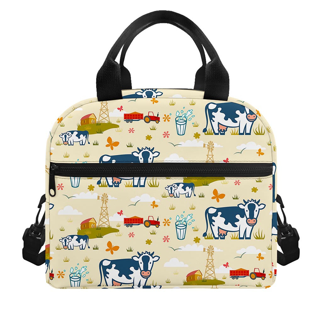 Cartoon Dairy Cow Farm Pattern Print Insulated Lunch Bag