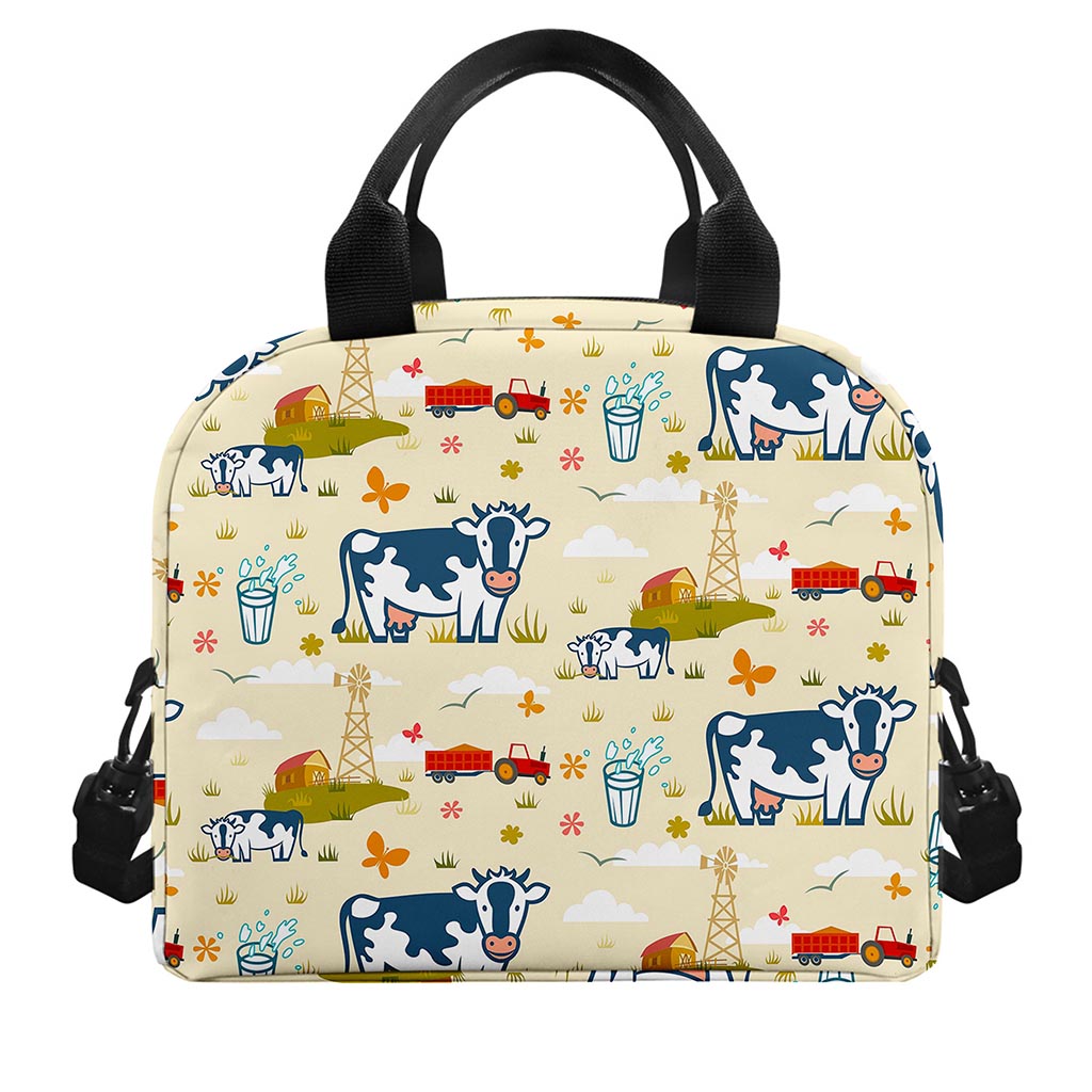 Cartoon Dairy Cow Farm Pattern Print Insulated Lunch Bag