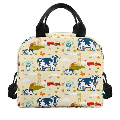 Cartoon Dairy Cow Farm Pattern Print Insulated Lunch Bag