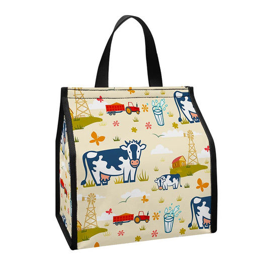 Cartoon Dairy Cow Farm Pattern Print Insulated Lunch Tote