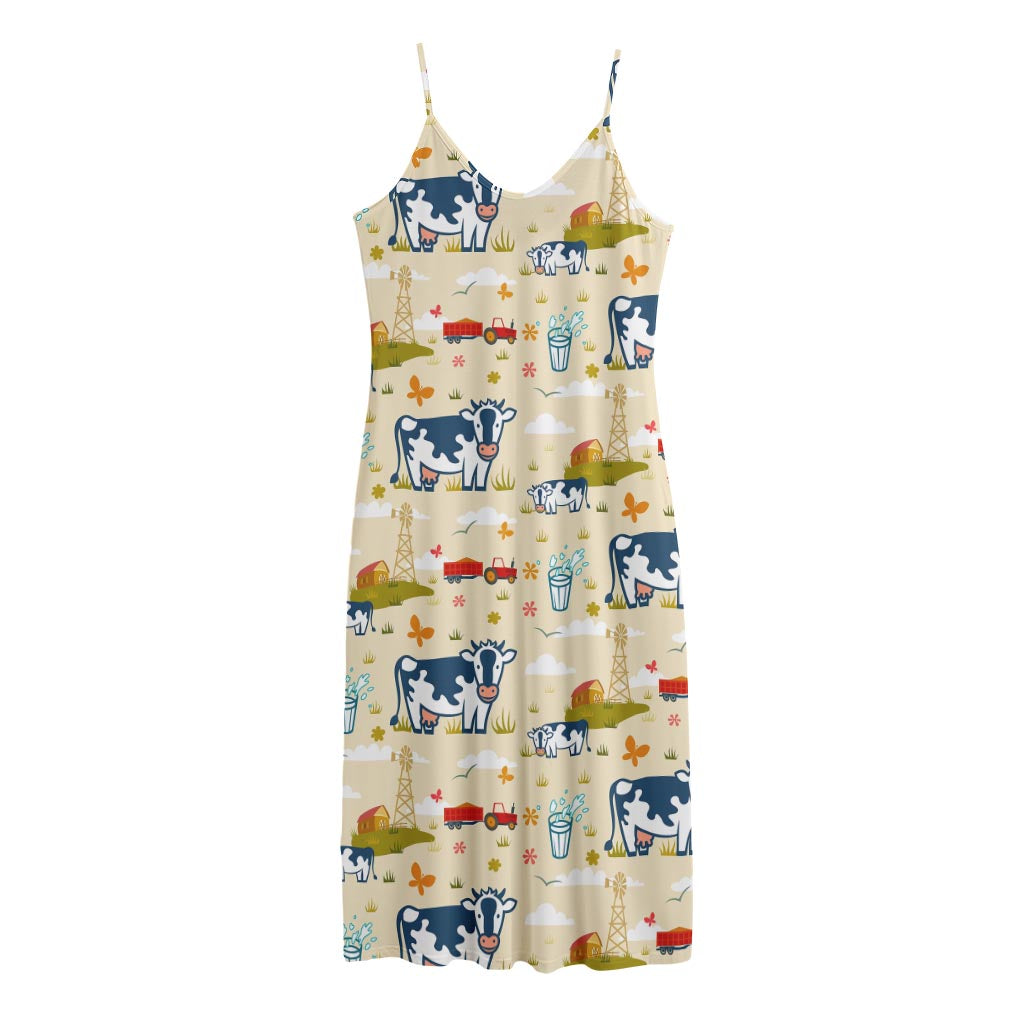 Cartoon Dairy Cow Farm Pattern Print Jersey Midi Cami Dress