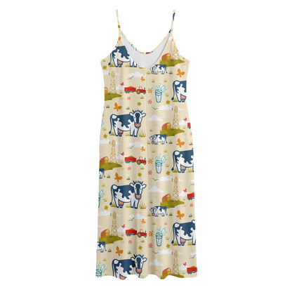 Cartoon Dairy Cow Farm Pattern Print Jersey Midi Cami Dress