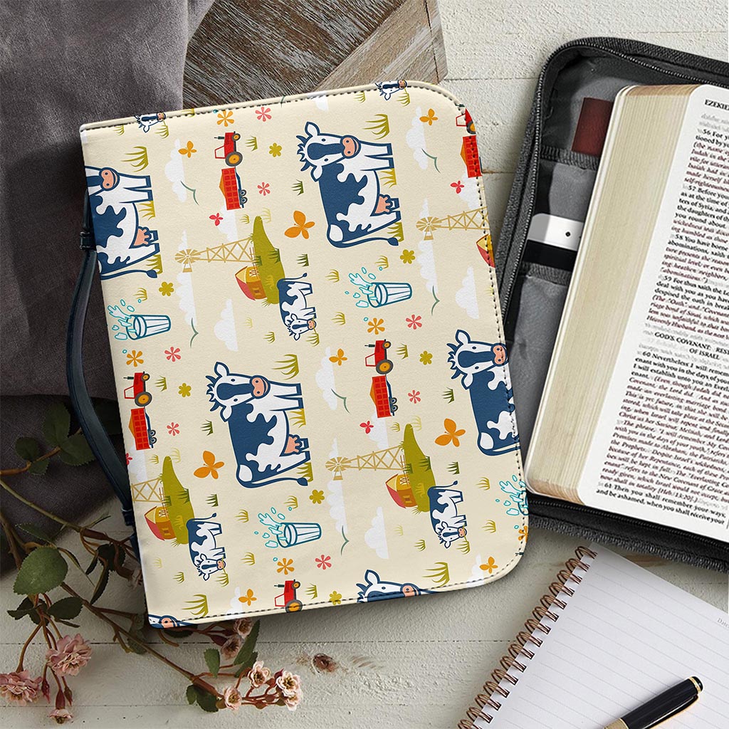 Cartoon Dairy Cow Farm Pattern Print Leather Bible Cover