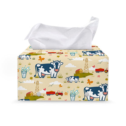 Cartoon Dairy Cow Farm Pattern Print Leather Tissue Box Cover