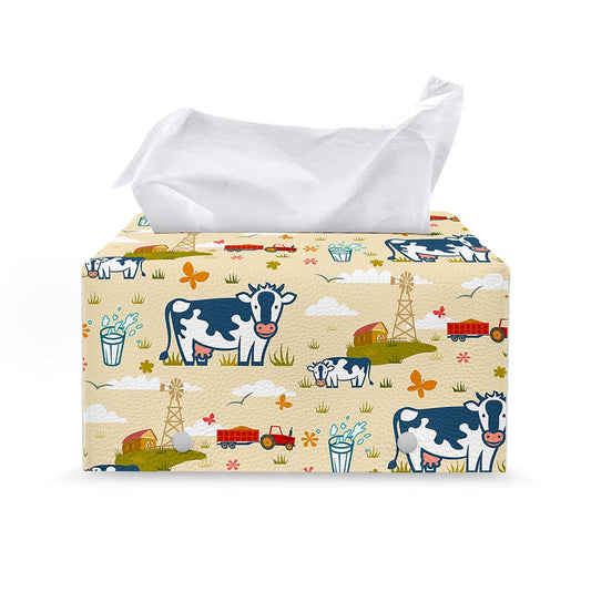 Cartoon Dairy Cow Farm Pattern Print Leather Tissue Box Cover