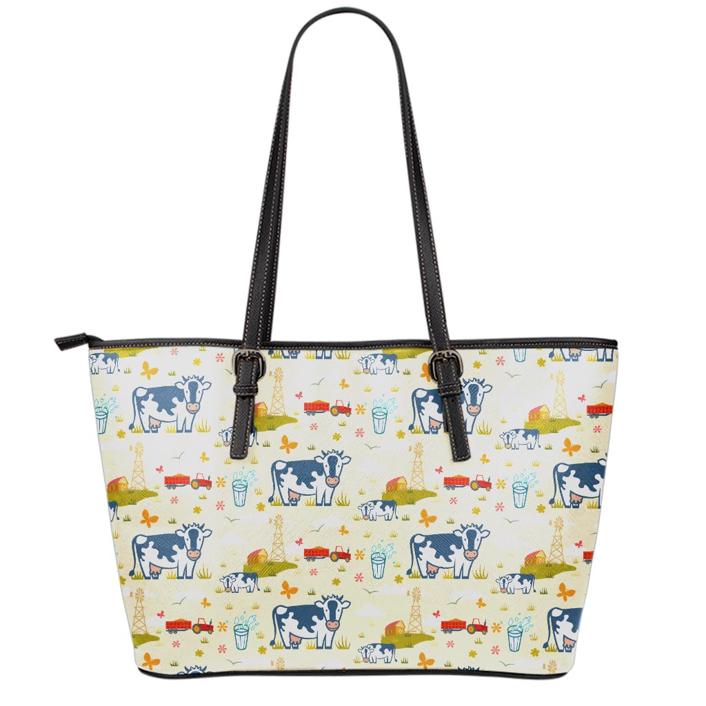Cartoon Dairy Cow Farm Pattern Print Leather Tote Bag