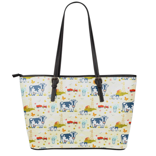 Cartoon Dairy Cow Farm Pattern Print Leather Tote Bag