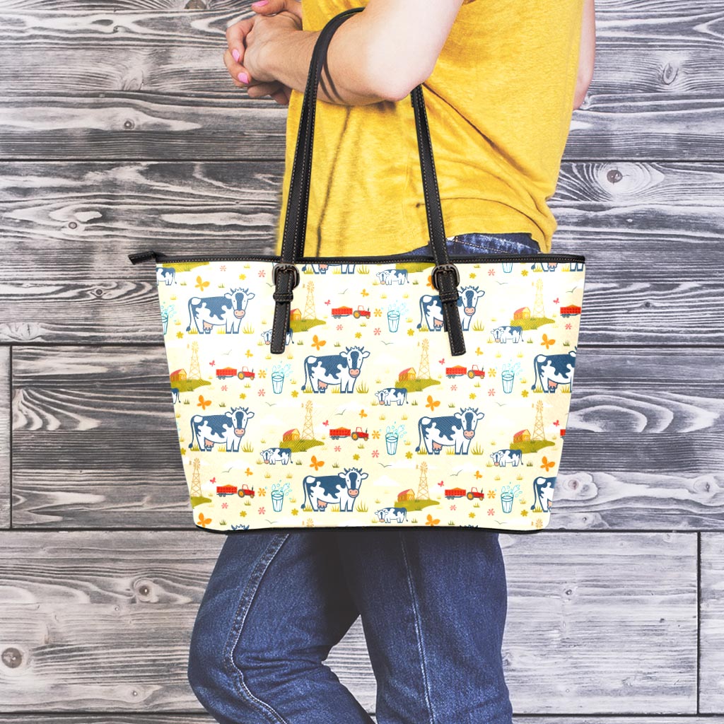 Cartoon Dairy Cow Farm Pattern Print Leather Tote Bag