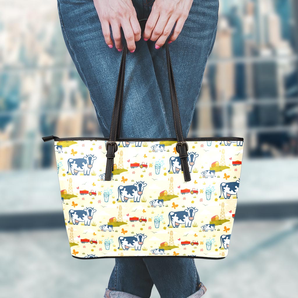 Cartoon Dairy Cow Farm Pattern Print Leather Tote Bag
