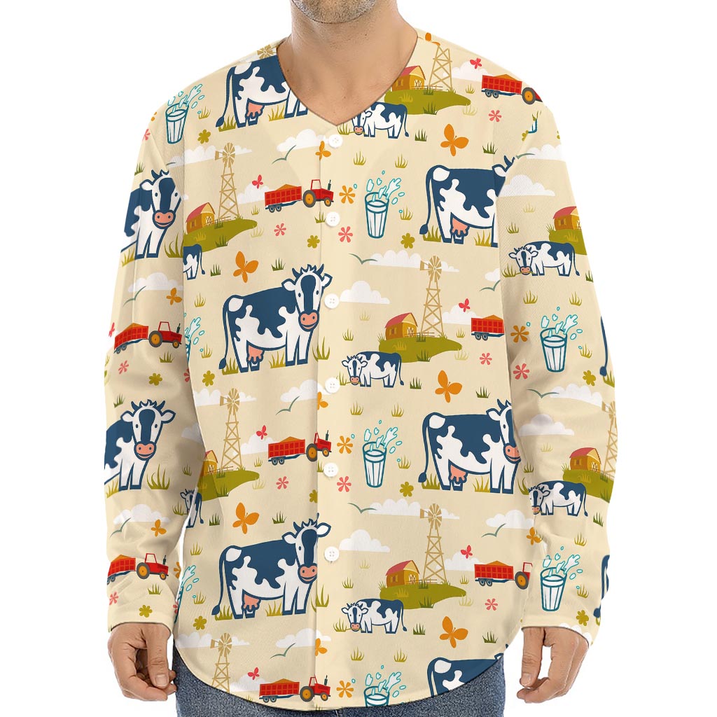 Cartoon Dairy Cow Farm Pattern Print Long Sleeve Baseball Jersey