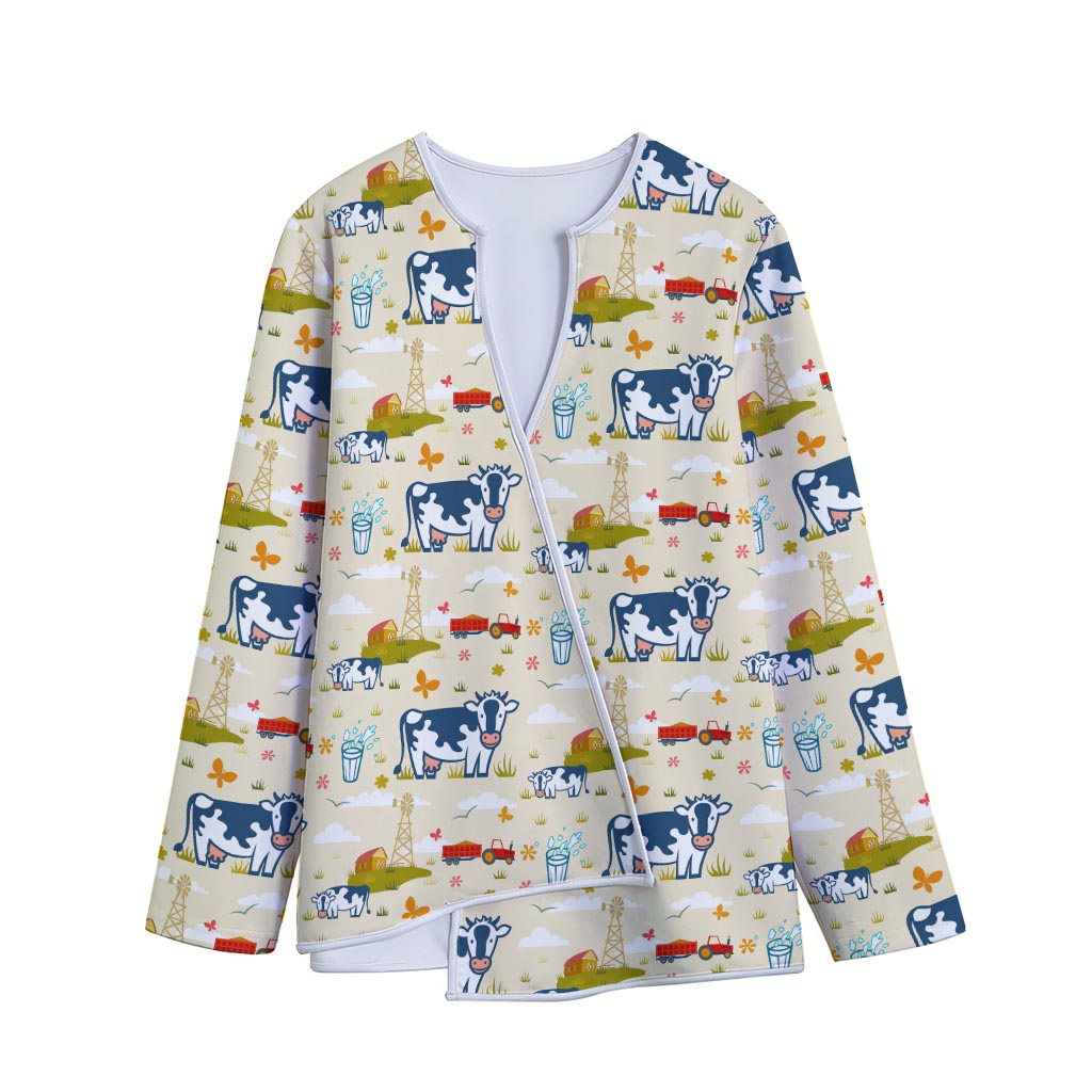 Cartoon Dairy Cow Farm Pattern Print Long Sleeve Short Coat