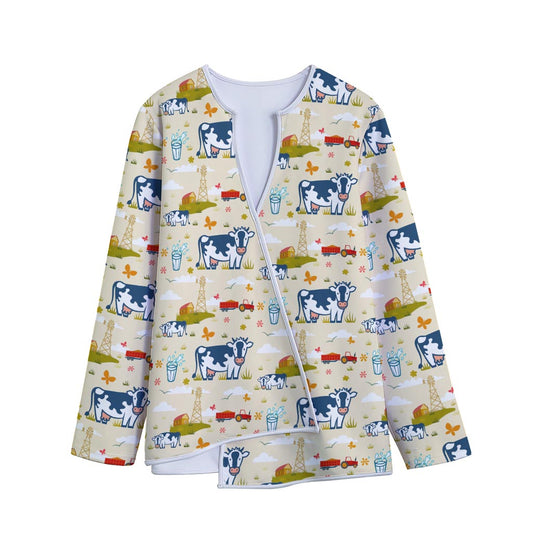 Cartoon Dairy Cow Farm Pattern Print Long Sleeve Short Coat
