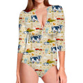 Cartoon Dairy Cow Farm Pattern Print Long Sleeve Swimsuit