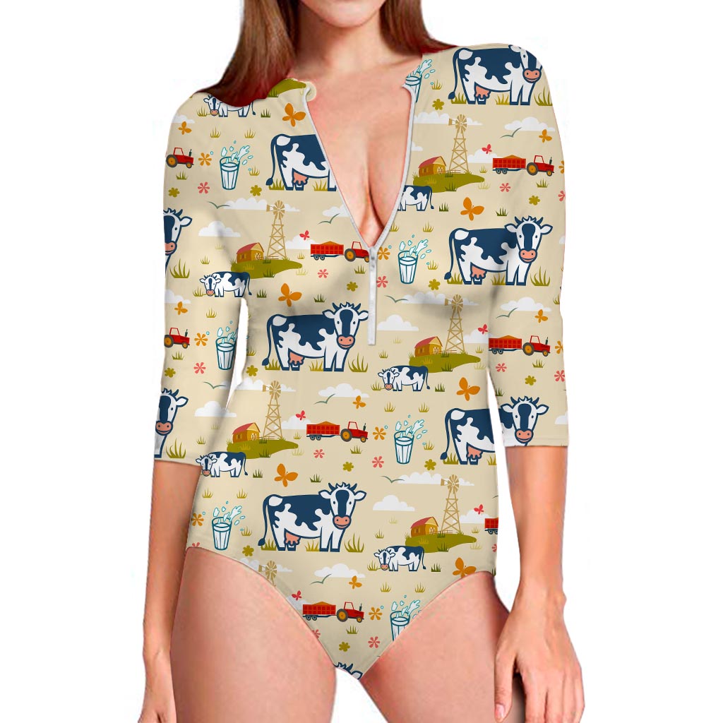 Cartoon Dairy Cow Farm Pattern Print Long Sleeve Swimsuit