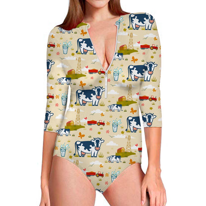 Cartoon Dairy Cow Farm Pattern Print Long Sleeve Swimsuit
