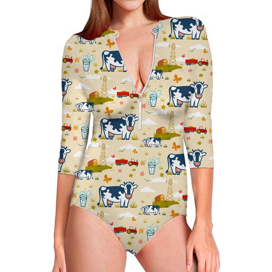 Cartoon Dairy Cow Farm Pattern Print Long Sleeve Swimsuit