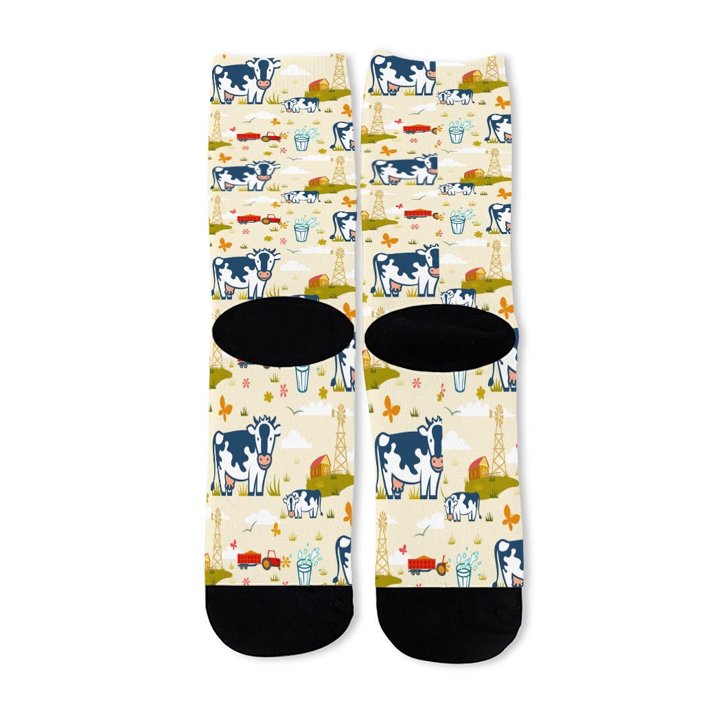 Cartoon Dairy Cow Farm Pattern Print Long Socks