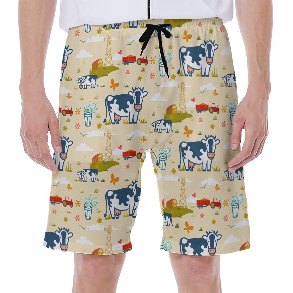 Cartoon Dairy Cow Farm Pattern Print Men's Beach Shorts